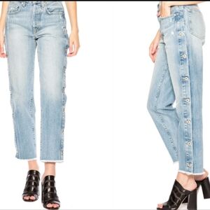 Jonathan Simkhai Denim Buttondown Pants Tapered Leg Raw Hem Distressed Blue 28